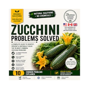 Peut inclure: Un guide informatif carré intitulé Zucchini Problems Solved, illustré par deux courgettes vertes tachetées et des fleurs jaunes. Le texte mentionne des solutions naturelles, 10 problèmes courants expliqués et des conseils pour les USA, le Canada et le Royaume-Uni.