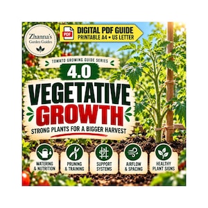 Op de afbeelding: Een digitale PDF-gids getiteld Zhanna's Garden Guides Tomato Growing Guide Series 4.0 Vegetative Growth Strong Plants for a Bigger Harvest. De afbeelding bevat iconen voor water geven, snoeien, ondersteuningssystemen, luchtstroom en plantgezondheid.