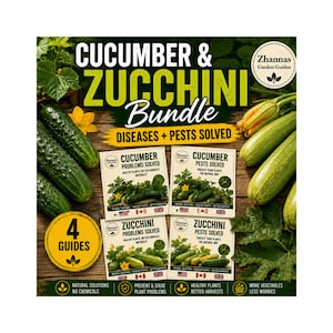 May include: A bundle of four garden guides titled Cucumber & Zucchini Bundle Diseases + Pests Solved by Zhannas Garden Guides. The set includes four individual booklets featuring instructions for managing cucumber and zucchini plant health.