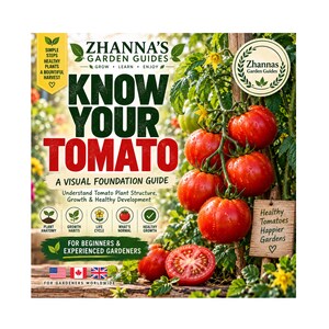 May include: A book cover titled Zhanna's Garden Guides Know Your Tomato, A Visual Foundation Guide. The cover features bright red tomatoes on a vine, a sliced tomato, and text detailing plant structure, growth, and development for gardeners.