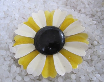 enamel flower brooch bright yellow and white, black center, mod flower, black eyed susan