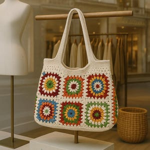 Pode incluir: Bolsa tote de crochê creme com padrões quadrados coloridos. Os quadrados apresentam um design floral com detalhes em vermelho, laranja, amarelo, verde e azul. A bolsa tem uma alça resistente e é exibida em um suporte.