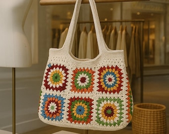 Handmade Crochet Granny Square Tote Bag: Boho Retro Shoulder Bag
