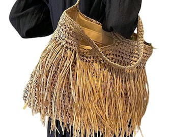 Handmade Crochet Raffia Tote Bag with Fringe – Boho Summer Beach Bag