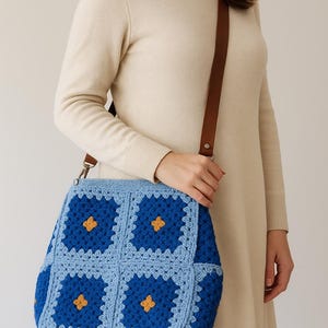 Handmade Blue Granny Square Crochet Bag  Vintage Style Crossbody Tote
