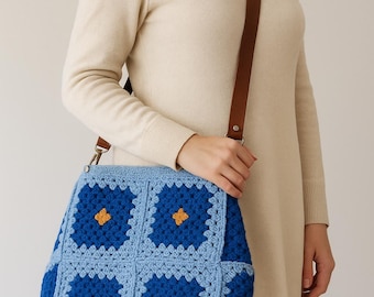 Handmade Blue Granny Square Crochet Bag  Vintage Style Crossbody Tote
