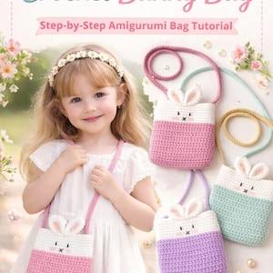 Op de afbeelding: Een meisje houdt een roze gehaakte konijnentas vast. De afbeelding toont een "CROCHET PATTERN PDF" met de tekst "Crochet Bunny Bag" en "Step-by-Step Amigurumi Bag Tutorial". Andere tassen in paars, wit en mintgroen zijn ook te zien.