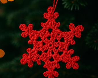 Christmas Crochet Snowflake Ornament Pattern – DIY Holiday Decoration, Red Tree Ornament PDF Tutorial