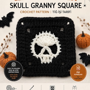 Op de afbeelding: Een haakpatroon voor een zwart-wit schedel granny square. De tekst luidt HALLOWEEN SKULL GRANNY SQUARE CROCHET PATTERN. Het bevat iconen voor stapsgewijze instructies, PDF-download, beginnersvriendelijkheid, gedetailleerde foto's en projectideeën.