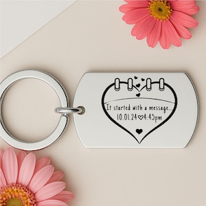 May include: Silver keyring with a heart-shaped tag that says "It started with a message... 10.01.24 ♥ 4:45pm".