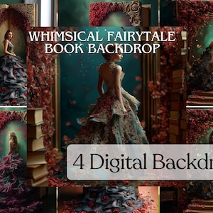 Whimsical Fairytale Book Backdrop with Couture Dress | Digital Fantasy Illustration | Storybook Princess Art Print