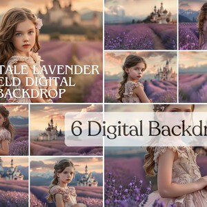 May include: A composite image featuring a young girl in a lavender field with a castle in the background. The text reads "Fairytale Lavender Field Digital Backdrop" and "6 Digital Backdrops". The image has a soft, dreamy aesthetic.
