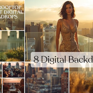 May include: A composite image featuring a woman in a gold dress on a rooftop with a city sunset backdrop. The image includes the text "CITY ROOFTOP SUNSET DIGITAL BACKDROPS" and "8 Digital Backdrops". The overall theme is digital photography backgrounds.