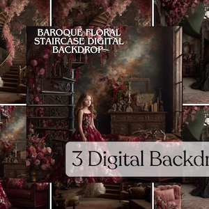 Puede incluir: Fondos digitales con diseños de escaleras florales barrocas. Las imágenes muestran escaleras ornamentadas adornadas con flores, con una niña con un vestido rojo. El texto dice "Baroque Floral Staircase Digital Backdrop" y "3 Digital Backdrops".