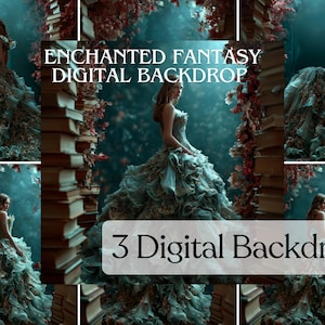 Enchanted Fantasy Digital Background – Dziewczyna z bajki w lesie książek – Scena w niebieskiej sukni haute couture – Enchanted Digital Background