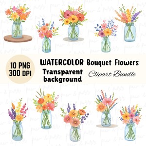 Lot de cliparts bouquet de fleurs aquarelle | Pot Mason floral PNG | Clipart printemps été | Stickers faire-part de mariage Sublimation Design