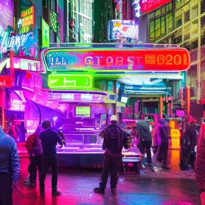 Neon Street Market Rush – Futuristic Urban Cyberpunk Cityscape with Neon Signs and People in a Virtual Market