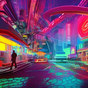 Neon Diner District | Cyberpunk City Art Print | Futuristic Neon Landscape | Urban Street Scene | Sci-Fi Decor