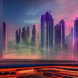 Neon Futuristic Cityscape | Cyberpunk Skyline Poster | Urban Digital Art Print