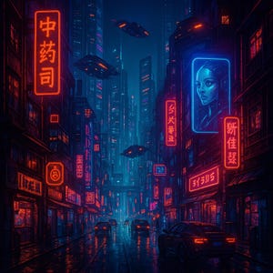 Neon Metropolis Dreams - Cyberpunkowy pejzaż miejski z futurystycznymi neonowymi światłami i pływającymi pojazdami