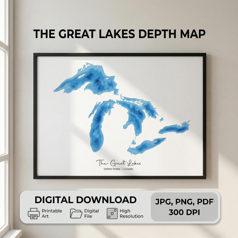 The Great Lakes Map, Lake Depth Map Printable, Lake House Wall Art