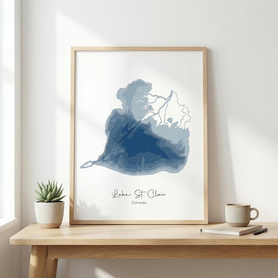 Lake St.Clair Depth Map, Digital Download, Lake House Gift, Coordinates Map Poster, Anniversary Gift, Minimalist Print, Printable Wall Art