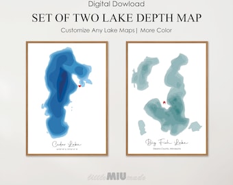 Digital File: Set Of Two Custom Any Lake Depth Maps, Topographic Map, Depth Map Poster, Lake Wall Art, House Decor, Personalized Map Print