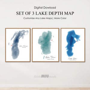 May include: Set of 3 lake depth maps in wooden frames. The maps depict Lake Michigan, Lake Tahoe, and Cedar Lake, each in a different shade of blue and green. The text "Digital Download" and "Customize Any Lake Maps | More Color" are at the top.