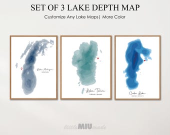 Digital File: Set Of 3 Custom Any Lake Depth Maps, Topographic Map, Multilayer Deep Map, Lake Wall Art, House Decor, Personalized Map Print
