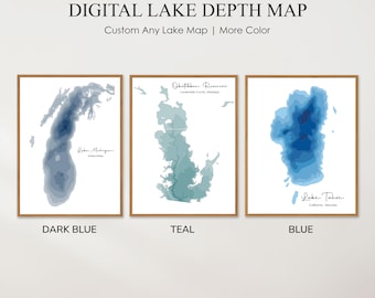 Digital File: Custom Any Lake Depth Maps, Topographic Map, Contour Map Art, Lake Map, Wall Art, House Decor, Cabin House, Fishing Outdoor