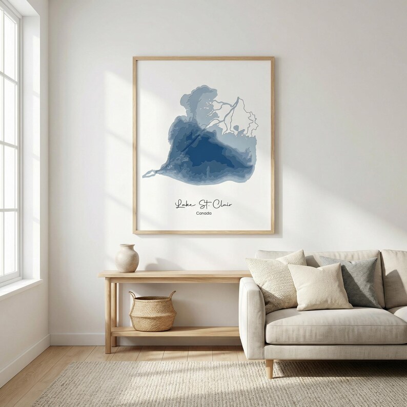 Lake St.Clair Depth Map, Digital Download, Lake House Gift, Coordinates Map Poster, Anniversary Gift, Minimalist Print, Printable Wall Art image 5
