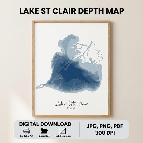 Lake St.Clair Depth Map, Digital Download, Lake House Gift, Coordinates Map Poster, Anniversary Gift, Minimalist Print, Printable Wall Art