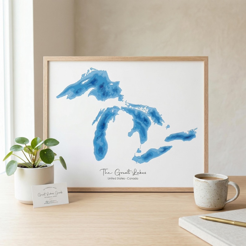 The Great Lakes Map, Lake Depth Map Printable, Lake House Wall Art