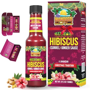 Può includere: Una bottiglia di salsa allo zenzero e ibisco giamaicano (sorrel), edizione limitata per le feste, con confezione regalo abbinata. L'etichetta presenta il marchio "Montego Island Foods" e il testo "A Jamaican Christmas Tradition". La bottiglia contiene 150 ml.