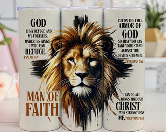 Man of God Tumbler Wrap: Christian Father Gift (PNG) met leeuw en bijbeltekst