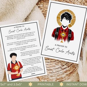 Gebedskaarten Saint Carlo Acutis, afdrukbare katholieke gebedskaart, tienerkamer Art Print, communiecadeaus voor kinderen, bijbelstudie digitale download