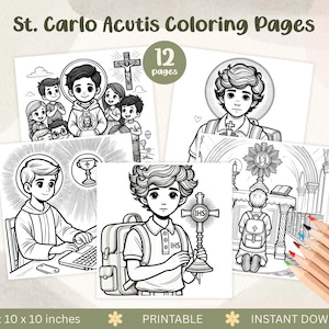Könnte beinhalten: Eine Sammlung von Schwarz-Weiß-Malvorlagen mit Illustrationen von St. Carlo Acutis. Die Seiten zeigen St. Carlo mit einem Kreuz, einem Laptop und anderen religiösen Symbolen. Die Größe beträgt 25,4 x 25,4 cm.