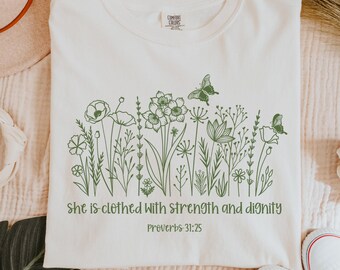 Spreuken 31:25 T-shirtontwerp, kracht en waardigheid, png (digitale download)