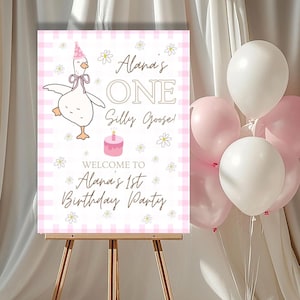 One Silly Goose Birthday Welcome Sign Template | First Birthday Welcome Sign| Baby Girl Pink Gingham Birthday Banner | Goose Themed Birthday