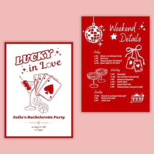 Modello di itinerario per addio al nubilato Lucky in Love / Invito per addio al nubilato a Las Vegas / Biglietto d'invito con download digitale Canva