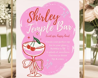 Szyld baru Shirley Temple, szablon menu baru z koktajlami bezalkoholowymi Cherry