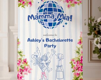 Szablon powitalny na wieczór panieński Mamma Mia, impreza weselna w stylu disco, edytowalny szablon Canva