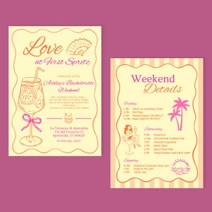 Love at First Spritz Bachelorette Itinerary Template | Aperol Spritz Theme Bridal Shower Invitation | Girls Trip Itinerary | Digital Canva