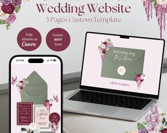 Szablon strony internetowej Canva dla ślubu, edytowalne cyfrowe zaproszenie ślubne, zielone bordowe wesele w stylu boho, RSVP w zestawie, natychmiastowe pobranie