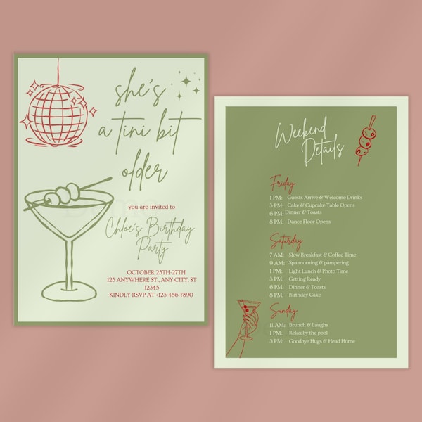 She's A Tini Bit Older Birthday Itinerary Template | Martini Girls Trip Itinerary | Editable Birthday Weekend Itinerary | Dirty Martini