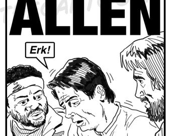 May include: A black and white comic strip panel featuring the name "ALLEN". Three men are shown, with speech bubbles containing the words "Erk!" and "Gasp!!". The illustration style is bold and graphic.