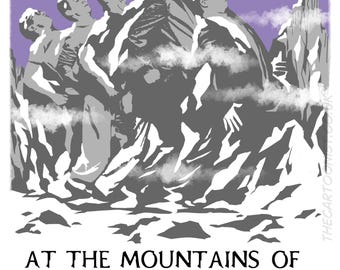 May include: Poster with the text "H.P. Lovecraft" above a group of figures on a mountain, with a biplane flying overhead. The title "At the Mountains of Madness" is at the bottom. The color scheme is mainly grey, white, and purple.