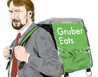 May include: Cartoon illustration of a man in a suit and red tie, carrying a green and black delivery bag. The bag features the text "Gruber Eats". The image is a humorous take on food delivery.