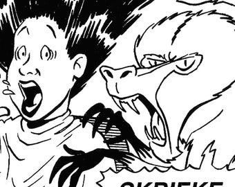 May include: Black and white comic strip panel showing a person looking shocked, spilling liquid from a cup. A monster with sharp teeth and claws is approaching. The word "SKRIEKE" is in a speech bubble.