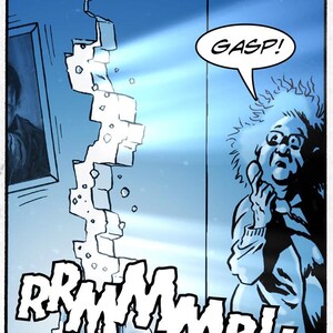 May include: Comic strip panel showing a wall splitting open, with light beams emanating from the crack. A woman in glasses exclaims "GASP!" in a speech bubble. The sound effect "RRRMMMBLL" is written in large letters at the bottom.